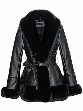 GRAN ORIENTE Faux Leather Peplum Jacket with Faux Fur Trim - M